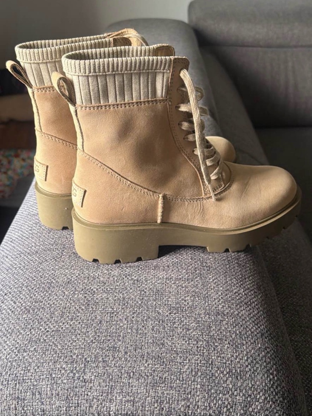 UGG Tan Lace-Up Combat Boots with Knit Collar